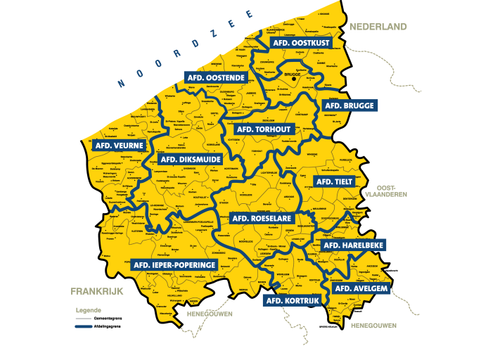 Afbeelding kaart afdelingen Wit-Gele Kruis West-Vlaanderen